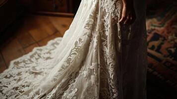 A close-up of an intricate lace wedding gown, showcasing its detailed train and texture in soft lighting. photo