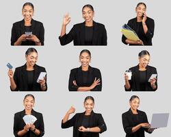 A confident black woman is portrayed engaging in multiple professional tasks, including making a phone call, reviewing documents, and using a laptop. She exudes a sense of professionalism photo