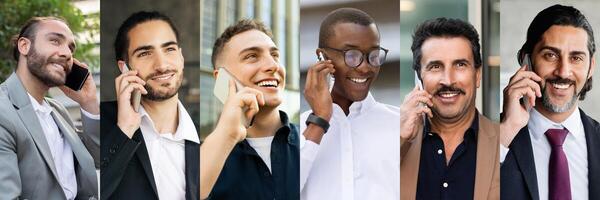 A diverse group of men, each engaged in animated phone conversations, smiles as they connect with others. The setting is a contemporary urban environment featuring buildings and greenery photo