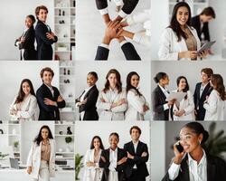 A diverse group of professionals engages in collaborative activities within a contemporary office environment. Team members demonstrate strong camaraderie through handshakes, discussions photo