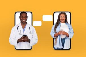 African American man doctor in a white coat and woman patient engage in a telehealth consultation using their smartphones. The background is bright yellow, and they appear on each others screens photo