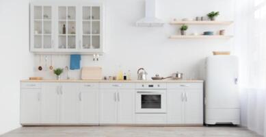 Minimal cozy light home style, scandinavian interior after repair. White furniture with utensils, shelves with crockery and plants in pots, refrigerator in simple dining room, panorama, empty space photo