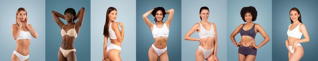 A photo series showing multiethnic women posing and modeling in various poses while wearing underwear. The ladies showcases different angles and expressions in each shot.