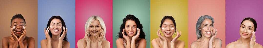 Seven multiethnic women of diverse ages stand in front of colorful backgrounds. Each woman smiles while applying facial cleanser to their faces. The women appear to be happy and confident photo