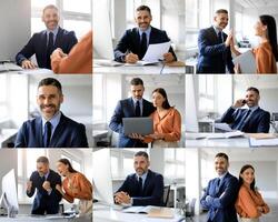 A business professional engages in various activities with a colleague in a modern office. They are seen discussing ideas, reviewing documents, and demonstrating teamwork photo