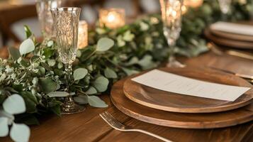 A beautifully arranged table featuring wooden plates, glassware, and eucalyptus greenery, illuminated by soft candlelight, perfect for a romantic dining experience. photo