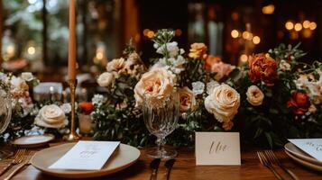 A beautifully arranged table features delicate floral decorations, candles, and elegant place settings, creating an inviting atmosphere for an evening event. photo