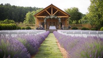 A beautiful setup for a summer wedding features a wooden pavilion adorned with flowers, framed by lush lavender fields and rows of chairs awaiting guests. photo