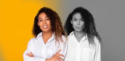 African American woman stands confidently on the left, smiling warmly, while her expression shifts to contemplation on the right. The contrasting background colors emphasize the duality of emotions photo