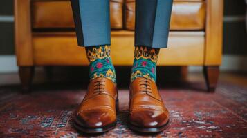 A well-dressed individual showcases brown dress shoes paired with vibrant, patterned socks while standing beside a classic chair. photo