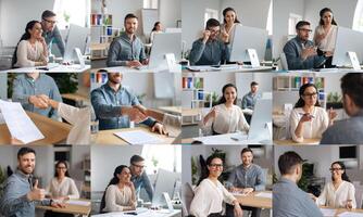 A group of professionals participates in a series of discussions and collaborative activities within a modern office environment. They engage in conversations, share documents photo