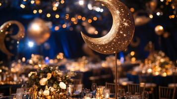 A beautifully adorned event space features golden crescent moon decorations and tables set with floral arrangements, glowing lights, and elegant settings for an enchanting evening gathering. photo
