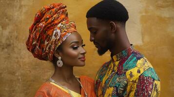 A couple dressed in vibrant traditional outfits stands close, exchanging a tender gaze, illuminated by warm light. photo