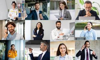 A diverse group of professionals is captured in a modern office environment, engaging in various work activities such as calls, meetings, and brainstorming sessions. photo