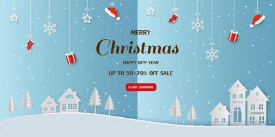 Merry Christmas and Happy new year sale horizontal background on paper art style vector