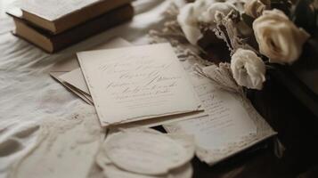 Elegant vintage wedding invitations are spread out on a rustic table alongside dried flowers and classic books, creating a romantic and nostalgic atmosphere. photo