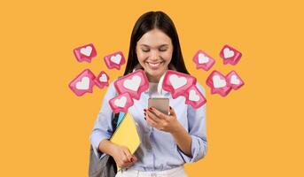 Cheerful lady student with backpack and notebooks in hand, smiles as she texts lover on cellphone, embodying blend of study and technology against vibrant yellow background photo