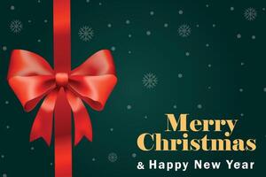 Minimalistic Merry Christmas or Happy New Year banner with red bow on a dark green background with snowflakes. Trendy template for season banner, cover, poster, invitation, web, promotion. vector