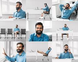 In a contemporary office space, a man is depicted engaging in different activities throughout the day. He sits at a desk, leans back in a chair, and interacts on a phone photo