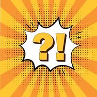 Comic style question and exclamation marks in speech bubble on vibrant orange background with halftone effect. vector