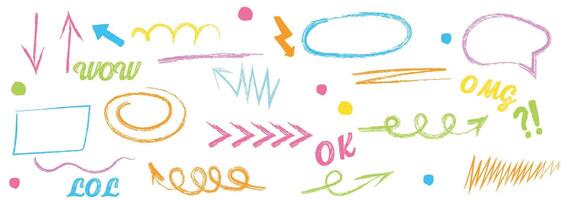 Doodle crayon pencil color brush hand drawn chalk element set. Scribble pastel texture brush stroke kid square, spiral, arrow element hand drawn sketch design. Crayon pencil style. vector