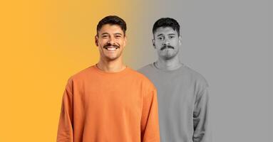 A cheerful man stands confidently with a smile while wearing an orange sweater, contrasting sharply with a monochrome version of himself. The background is split between a warm yellow and gray photo