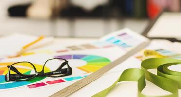 A designers desk is captured with a focus on essential tools such as color swatches, a pair of black glasses, a metal ruler, and a green ribbon. The blurred background implies a creative environment photo