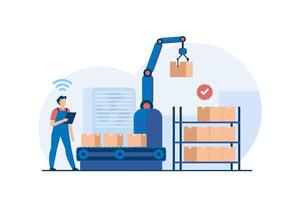 Warehouse Worker Operating Robotic Arm for Sorting Packages in Automated Shipping Process. Illustration vector