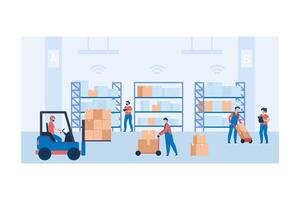 Warehouse Workers Managing Inventory and Operating Forklifts for Efficient Logistics Operations. vector