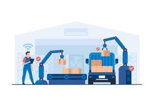 Automated Logistics Hub with Smart Inventory Management. Warehouse Crew Operating Packaging Machine for Efficient Product Handling and Distribution. Illustration vector