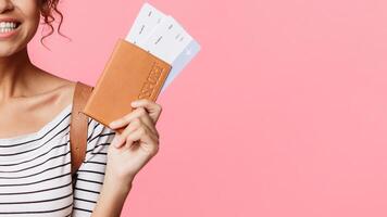 Happy woman with passport and retro camera on pink background, crop photo