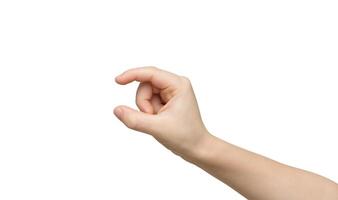 Kid hand measuring invisible items, child palm making gesture while showing small amount of something on white isolated background, side view, cutout photo
