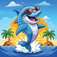 Dolphin jumping in the water with palm trees and palm trees vector