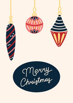 Christmas card with Christmas tree ball. Greeting card on light beige background. Christmas and New Year. illustration
