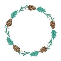 Round frame with cones and branches. Winter frame with empty space for text. Christmas and New Year. Isolated illustration. vector