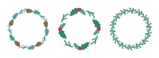 Round Christmas frames collection with branches and leaves. Winter frame with empty space for text. Christmas and New Year. Isolated illustration. vector