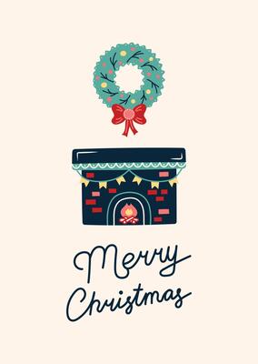 Christmas Card with fireplace. Greeting card on light beige background. Christmas and New Year. illustration.