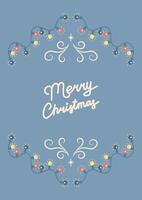 Merry Christmas card with garlands and ornate ornament. Greeting card on light blue background. Christmas and New Year. illustration. vector