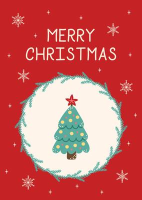 Christmas Card Christmas Tree. Greeting card on light beige background and red frame. Christmas and New Year. illustration.