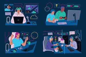 Gamers playing games and streaming. Flat cartoon style with doodle icons of consoles, computers, controllers. Online gaming and teamwork. Esports, technology projects, gamer room setups vector