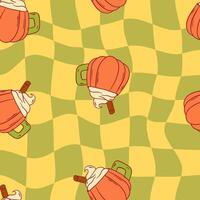 Pumpkin Spice Mug Seamless Pattern with Whipped Cream and Cinnamon Stick vector