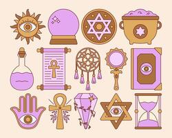 Mystical Esoteric Elements Illustration. Magical contour icons, Magic and witchcraft, witchy alchemy minimalistic symbol and mysterious objects. vector
