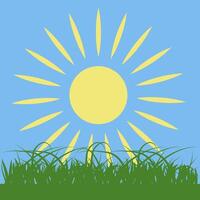 Sun icon. A simple drawing of grass in the sun. Flat yellow cartoon sun with grass. vector