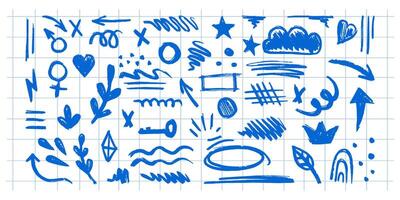 Hand-drawn pencil color brush elements on checkered background, brush with crayon effect. illustration in children's style. Crayon brush scribble, square, spiral, arrow. vector