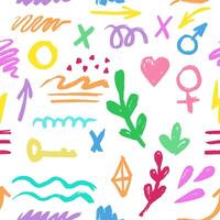 Hand-drawn pencil color brush seamless pattern, brush with crayon effect, chalk texture. illustration in children's style. Crayon brush colored scribble, square, spiral, arrow. vector