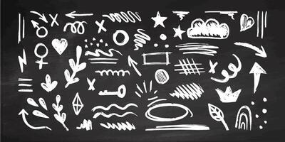 Hand-drawn pencil color brush elements on chalkboard background, brush with crayon effect, chalk texture. illustration in children's style. Crayon brush scribble, square, spiral, arrow. vector