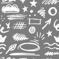 Hand-drawn pencil brush seamless pattern, brush with crayon effect, chalk texture. illustration in children's style. Crayon brush scribble, square, spiral, arrow. vector