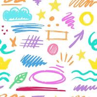 Hand-drawn pencil color brush seamless pattern, brush with crayon effect, chalk texture. illustration in children's style. Crayon brush colored scribble, square, spiral, arrow. vector