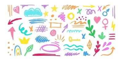 Hand-drawn pencil color brush elements, brush with crayon effect, chalk texture. illustration in children's style. Crayon brush colored scribble, square, spiral, arrow. vector