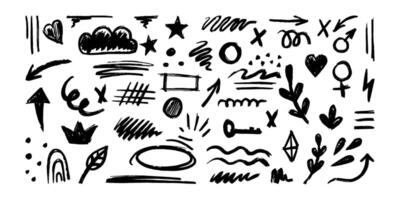 Hand-drawn pencil color brush elements, brush with crayon effect, chalk texture. illustration in children's style. Crayon brush scribble, square, spiral, arrow. vector